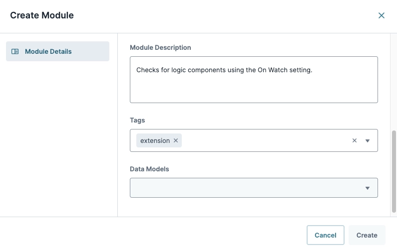 Module creation interface displaying description, tags, and data models for logic components.