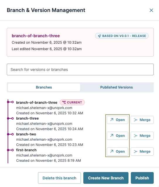 Branch management interface showing current branch and version details with options to open or merge.