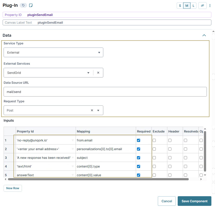 A static image displaying the Configuration settings for email plugin using SendGrid and input parameters for sending emails.