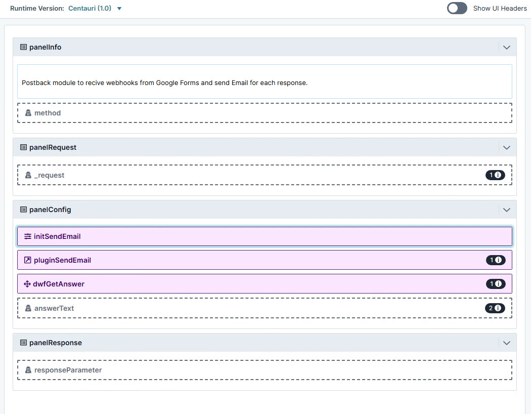 A static image displaying the Configuration panel for sending emails via Google Forms webhooks and response handling.