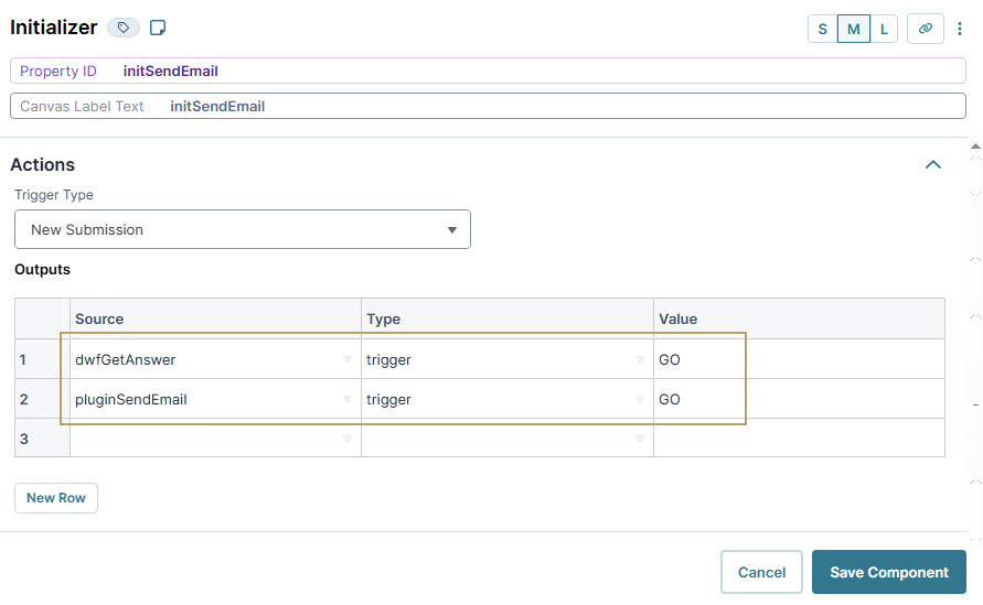 A static image displaying the settings for email trigger actions in a submission initializer interface.