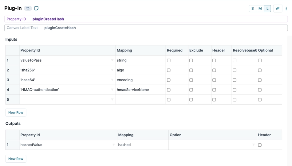 Inputs and outputs for the pluginCreateHash configuration in a user interface.