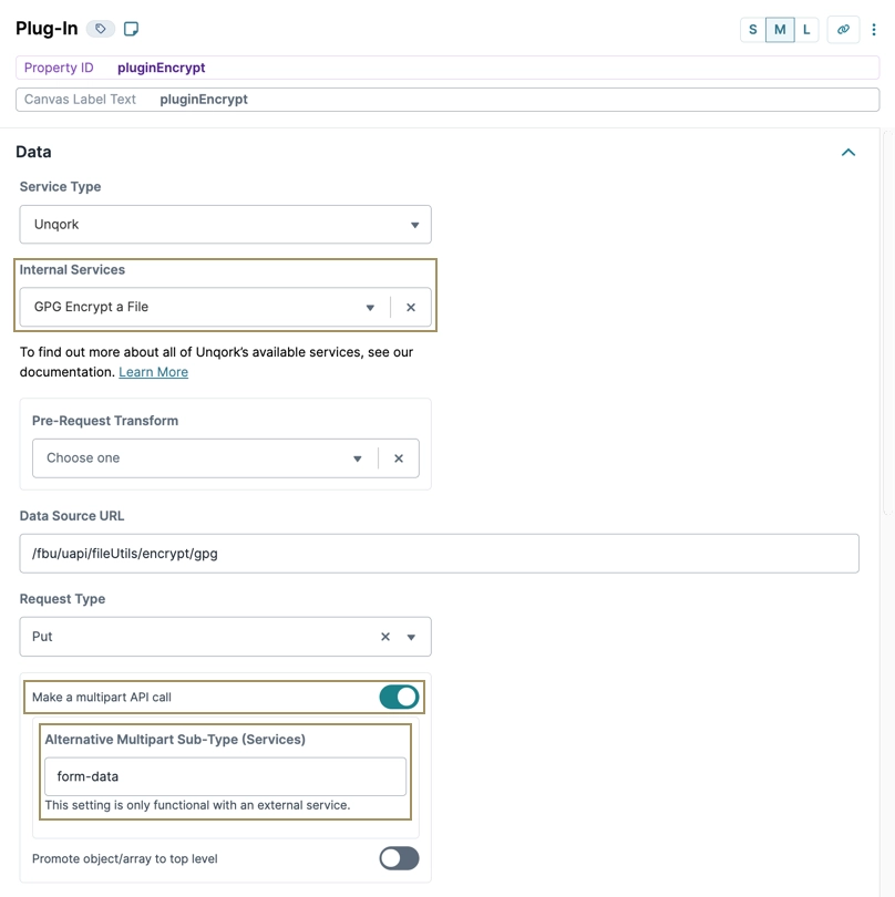 Configuration settings for Unqork's GPG file encryption service with various options.