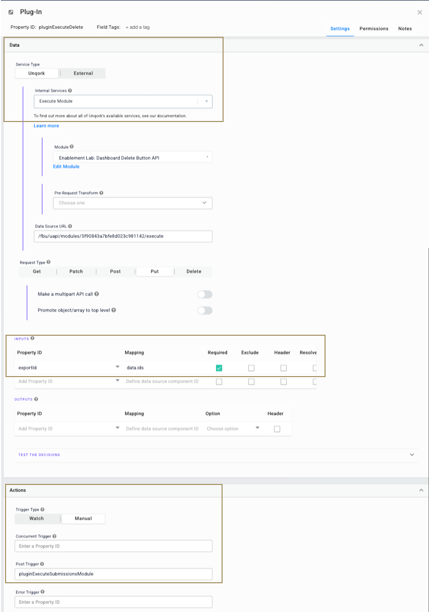 Configuration settings for a plugin including data source and request type options.