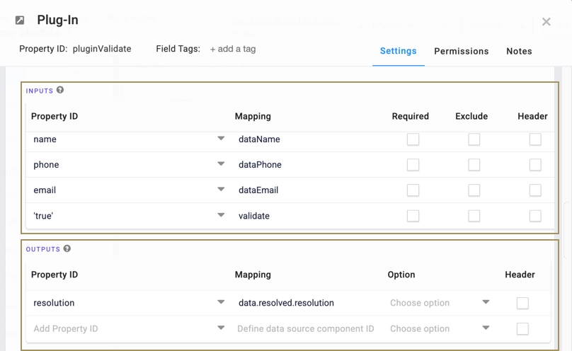 Settings interface showing property ID mappings for inputs and outputs in a plugin.