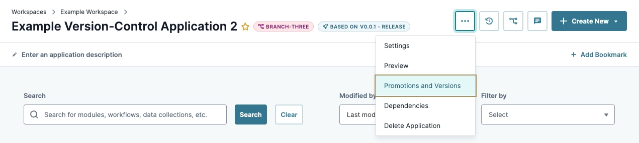 Interface of a version-control application showing search and menu options.