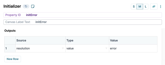 Initializer interface displaying property ID, label text, and output table with error.