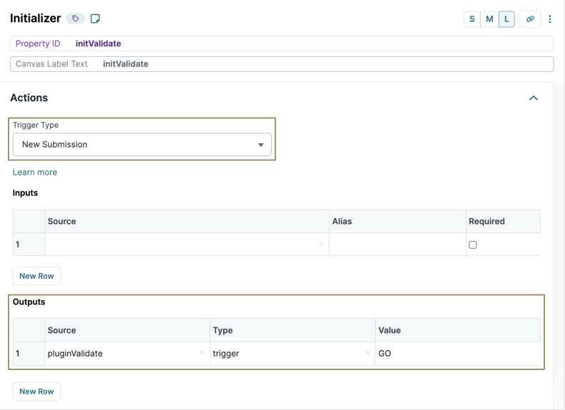 Configuration settings for a new submission trigger and validation output in a software interface.