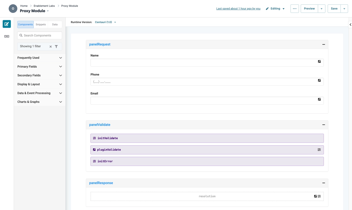 Form fields for name, phone, and email in the Proxy Module interface.