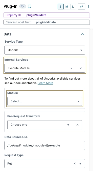 Unqork plugin configuration interface showing service type and module selection options.