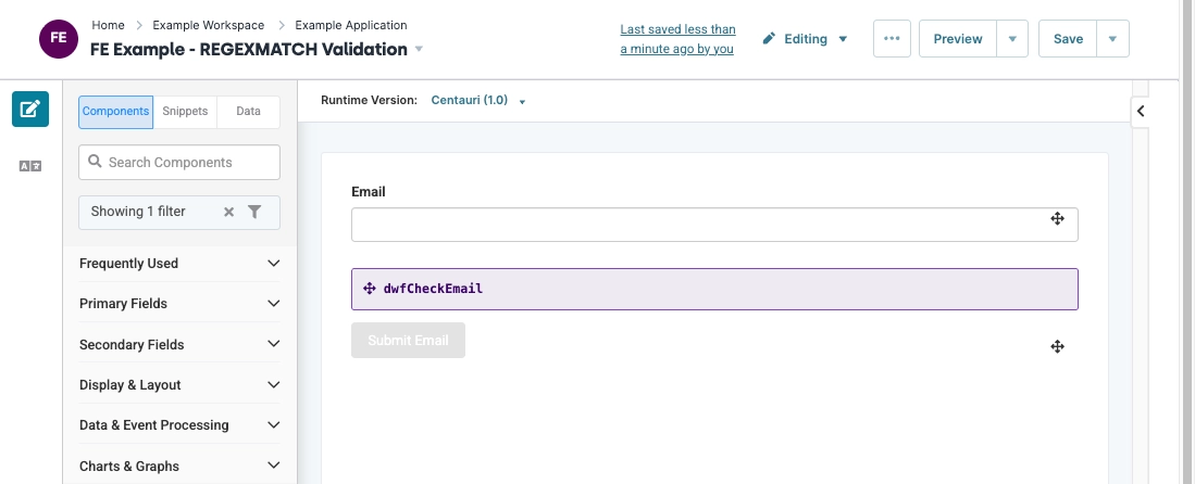 Email input field with validation function and submit button in application interface.