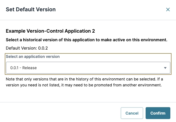 Select a historical version for the application in the version-control interface.