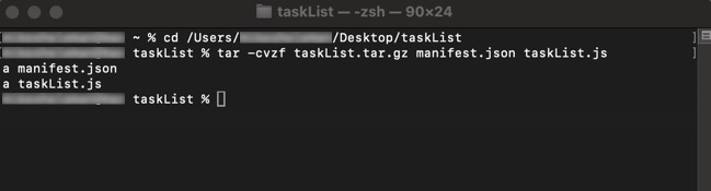 Terminal command showing file compression and directory navigation in a task list project.
