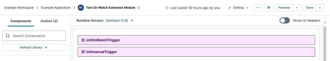Components section showing initOnWatchTrigger and initmanualTrigger in a workspace interface.