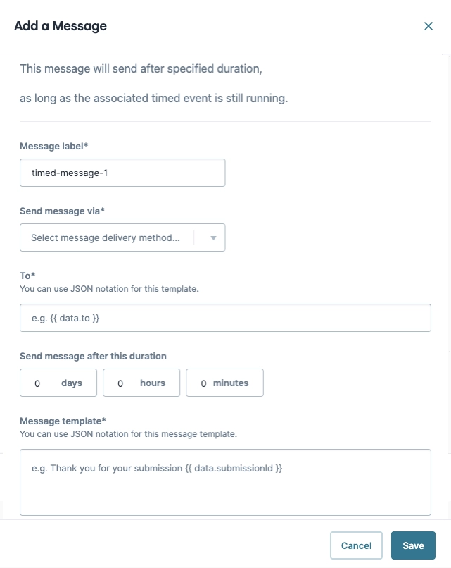 Form fields for adding a timed message with delivery method and template options.