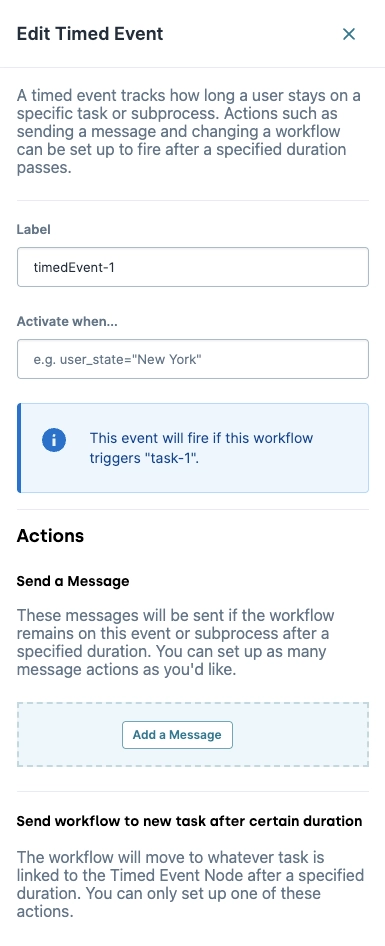 Editing a timed event with options for actions and workflow triggers.