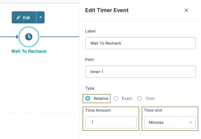 Editing a timer event with label, path, and time settings in a user interface.
