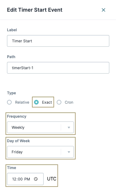 Settings for a timer start event, including frequency and time details.