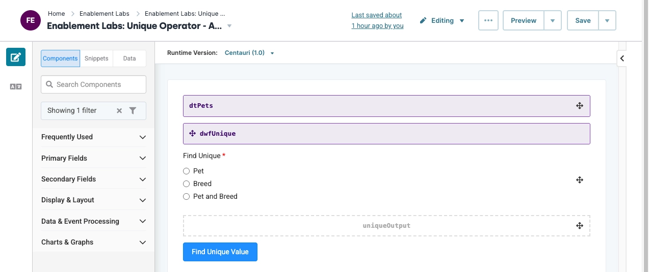User interface displaying options for finding unique pet values in a data component.