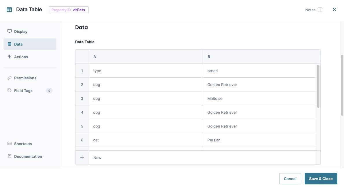 Data table displaying pet types and breeds, including dogs and cats.