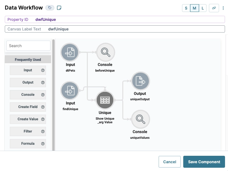 Workflow diagram illustrating data processing steps including inputs, outputs, and unique values.