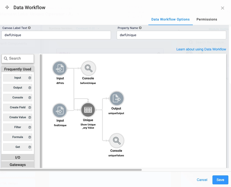 Data workflow diagram showing input, console, unique, and output components.