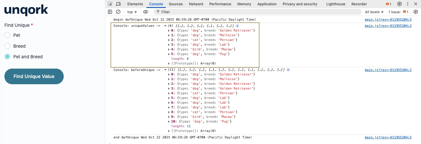 Console output showing unique pet types and breeds in a web application.