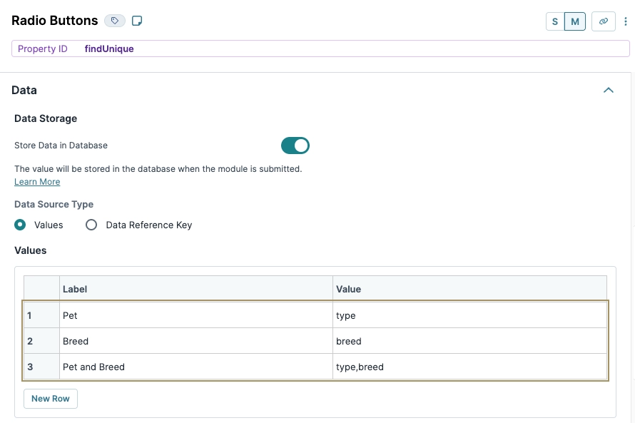 Radio button options for pet type and breed selection in a data storage form.