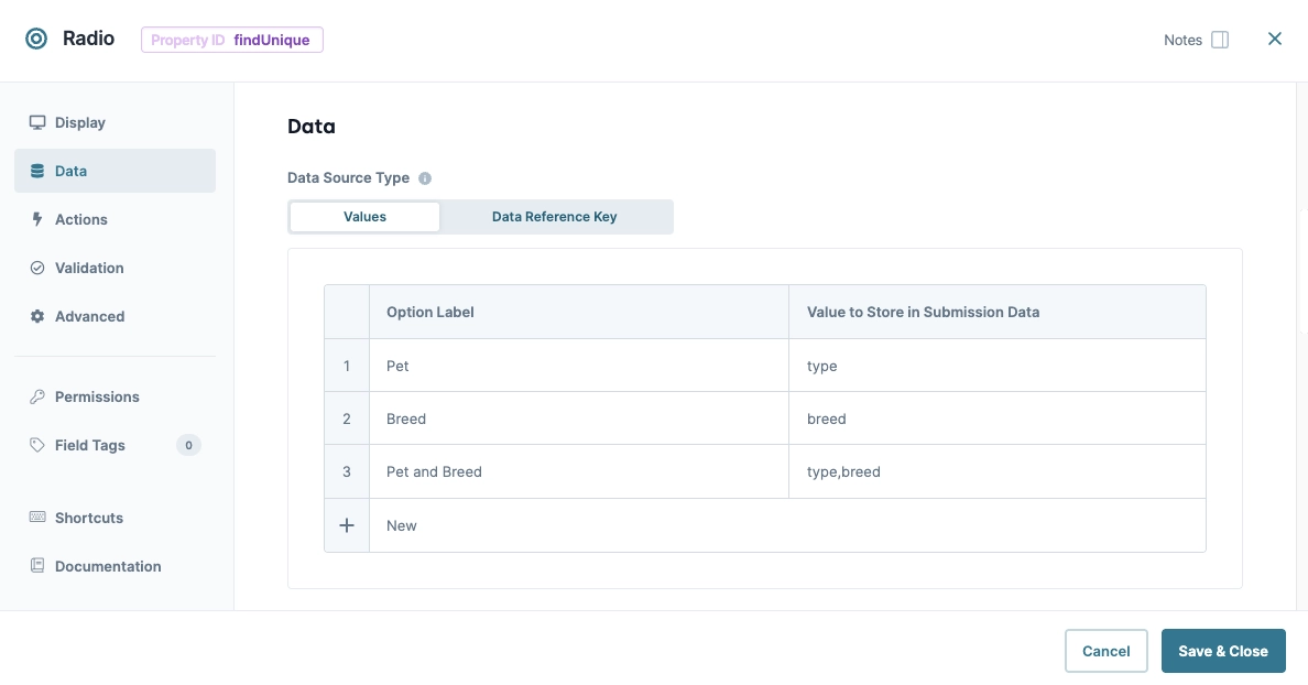 Data source type options for radio button selection in a form interface.