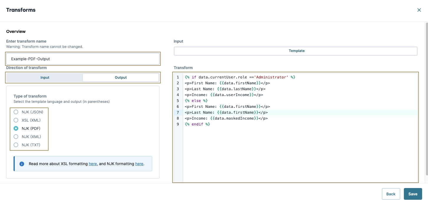 Overview of a transform process with input and output sections highlighted.