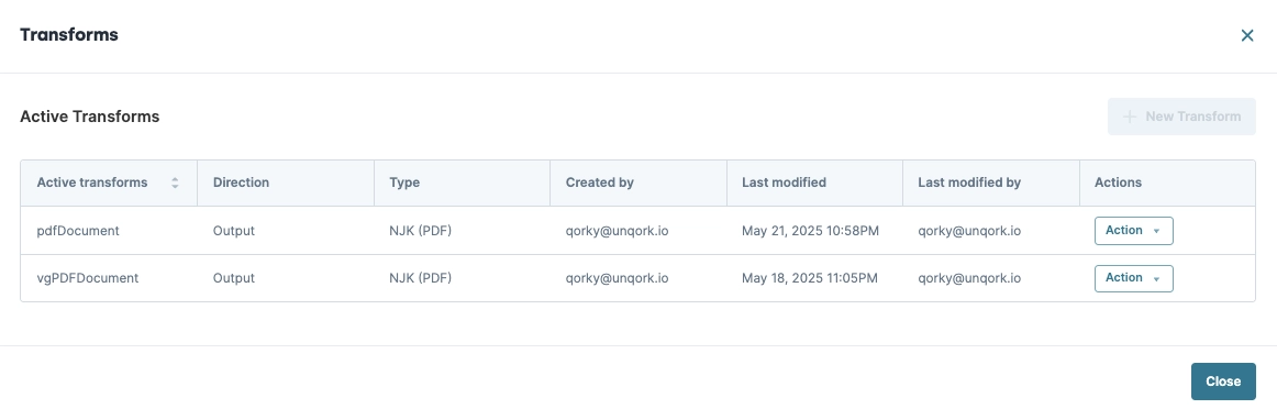List of active transforms with details like type, direction, and modification dates.
