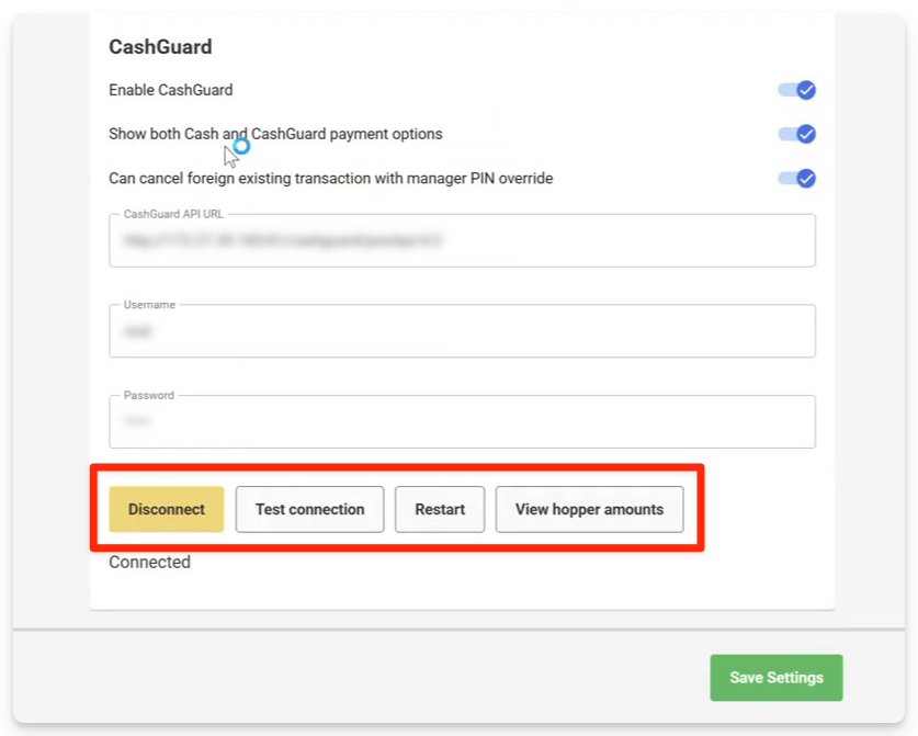 CashGuard settings interface showing connection options and action buttons for management.
