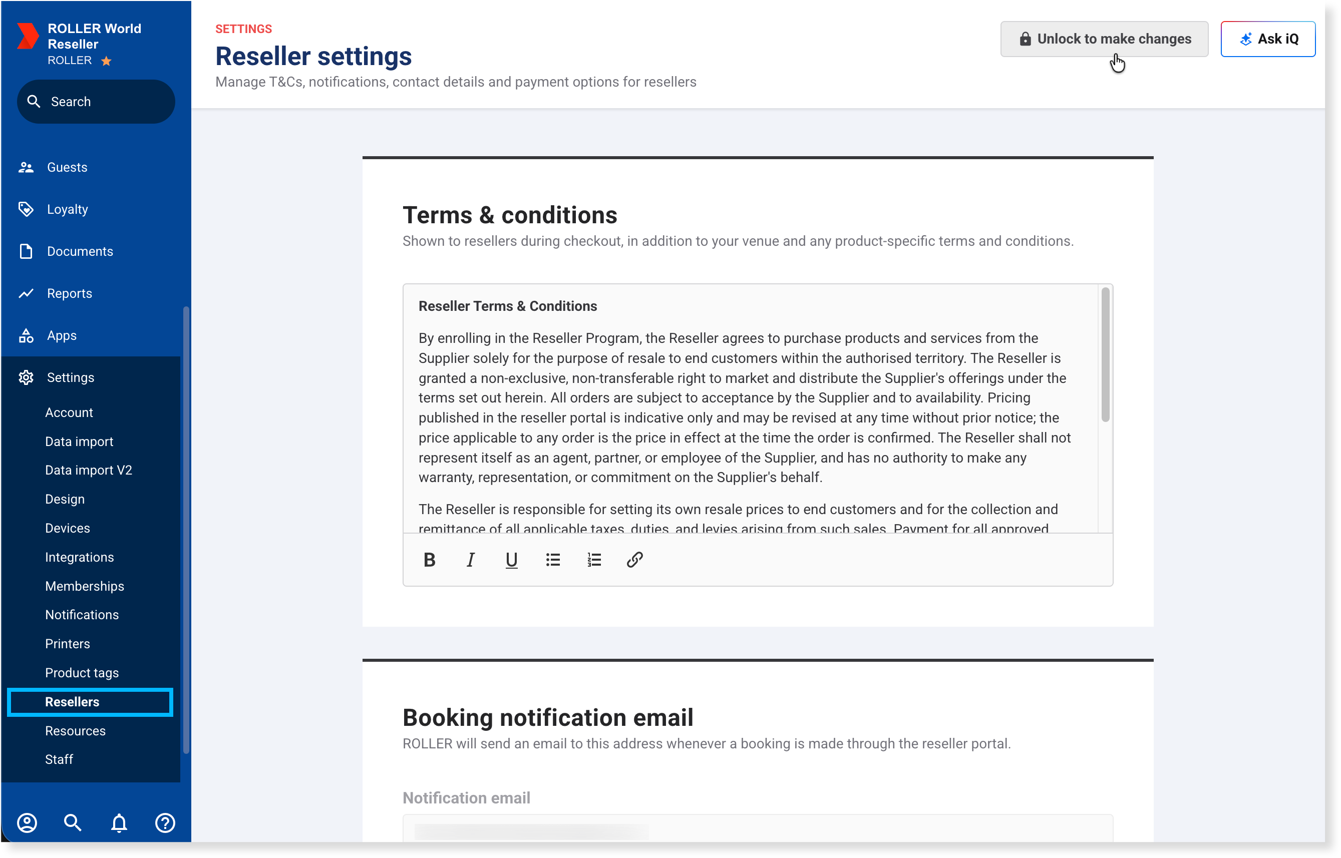 Reseller settings page displaying terms, conditions, and booking notification email details.
