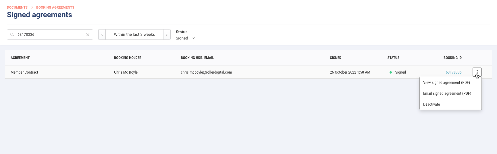 Signed agreements page in Venue Manager with search filters and options menu to view or email a booking agreement PDF