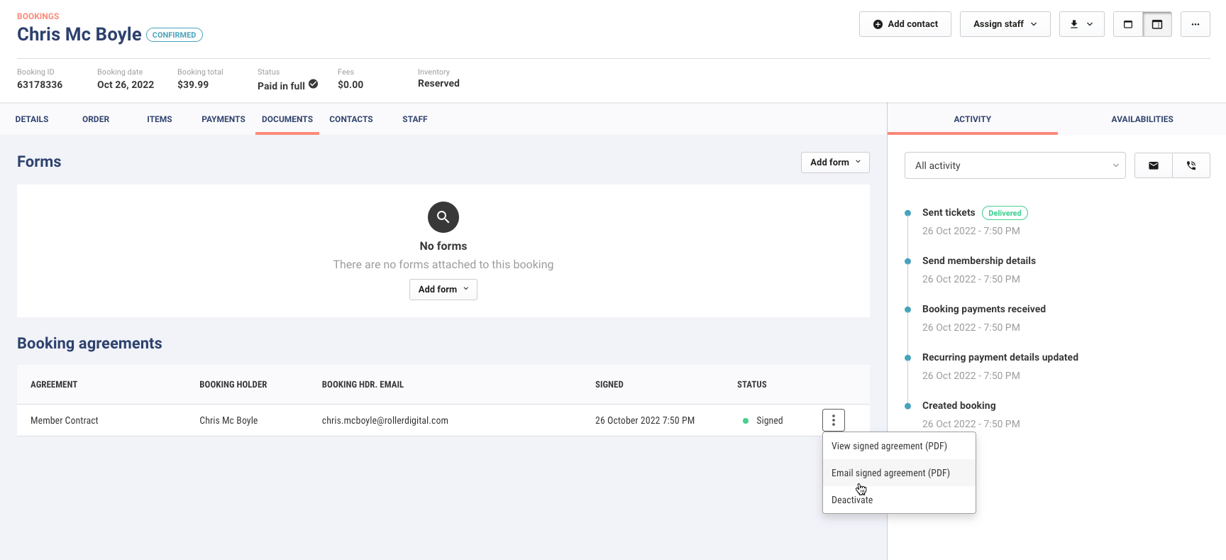 Booking details page with the Documents tab selected and Booking agreements options menu to view or email the signed agreement