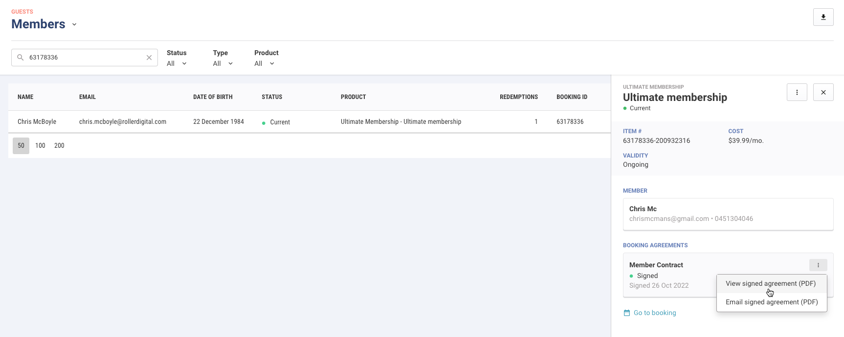 Member profile panel in Venue Manager showing the Booking agreements section and options menu to view or email a signed agreement PDF