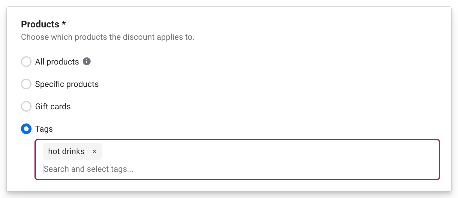Tags selected in the Products section of a discount