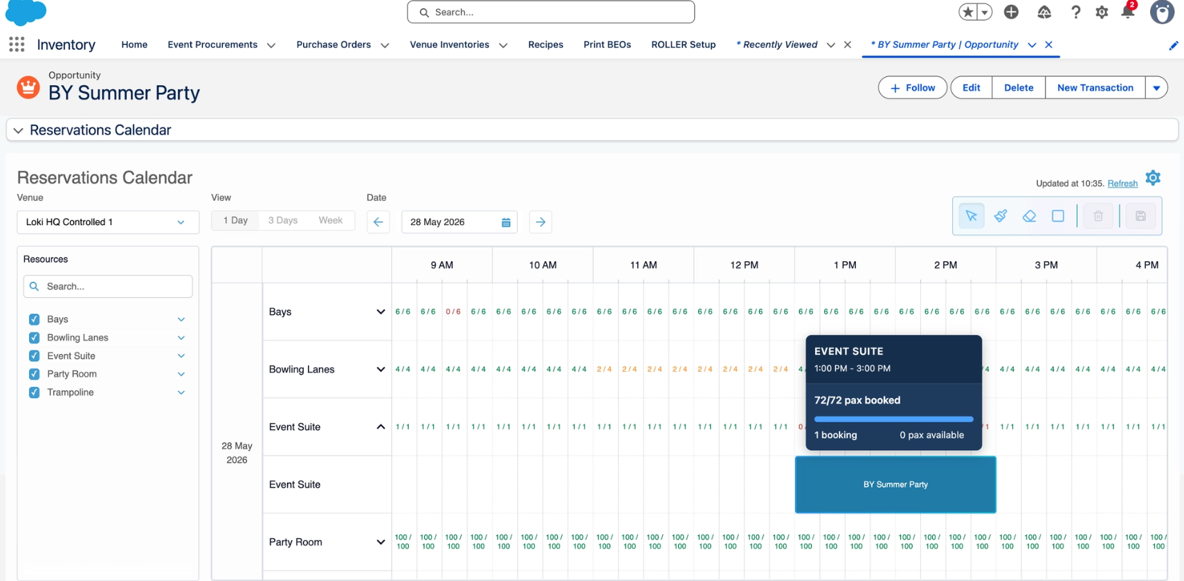 Reservations calendar showing bookings for various venues on May 28, 2026.