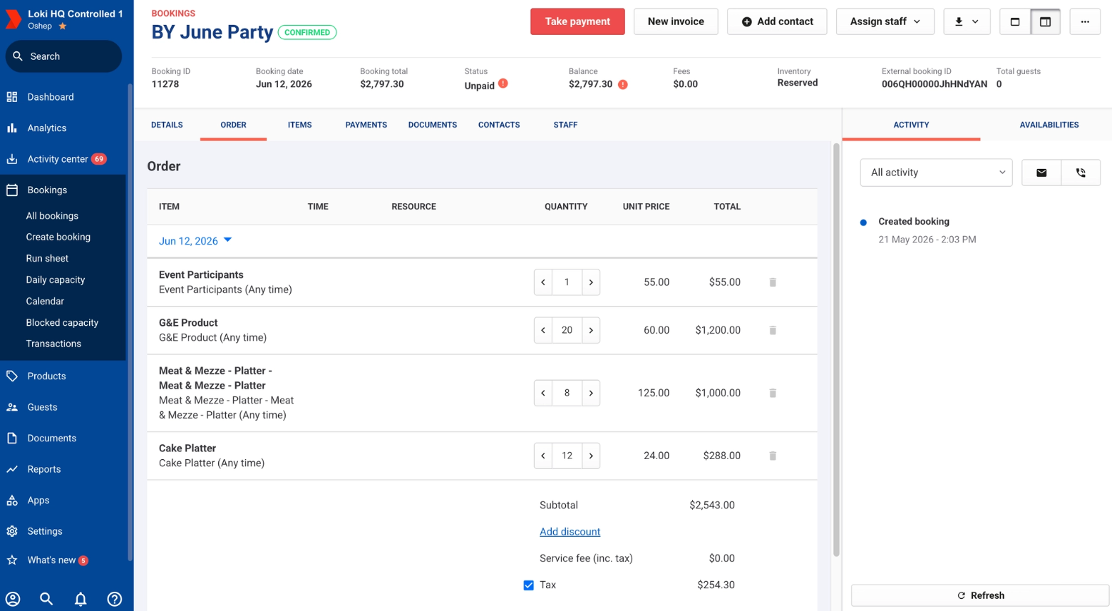 Booking details for June 12, 2026, including items, quantities, and total costs.