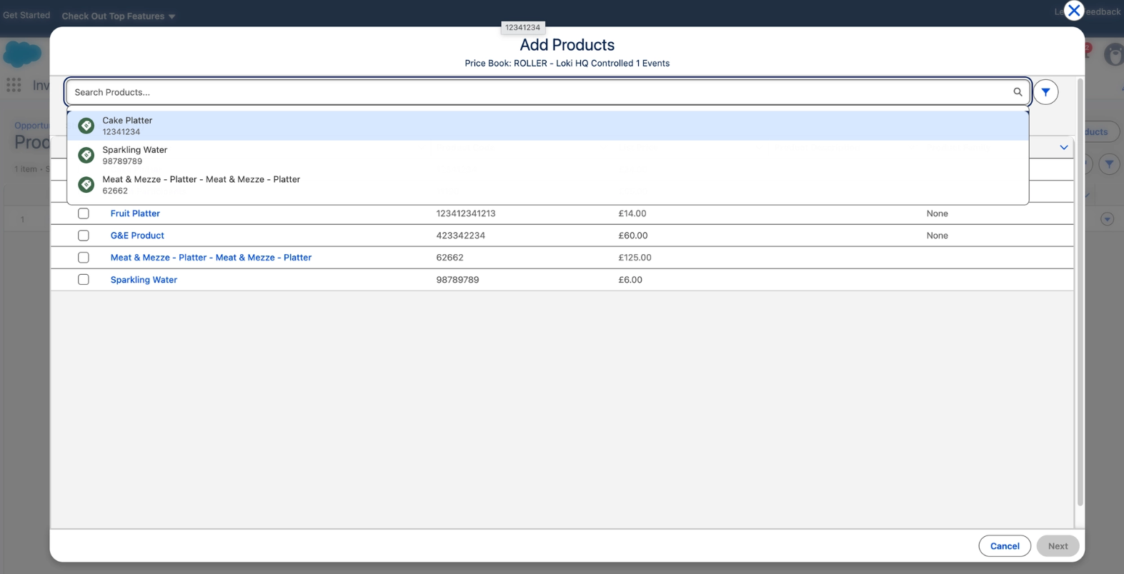 Product selection interface displaying various items with prices and descriptions.