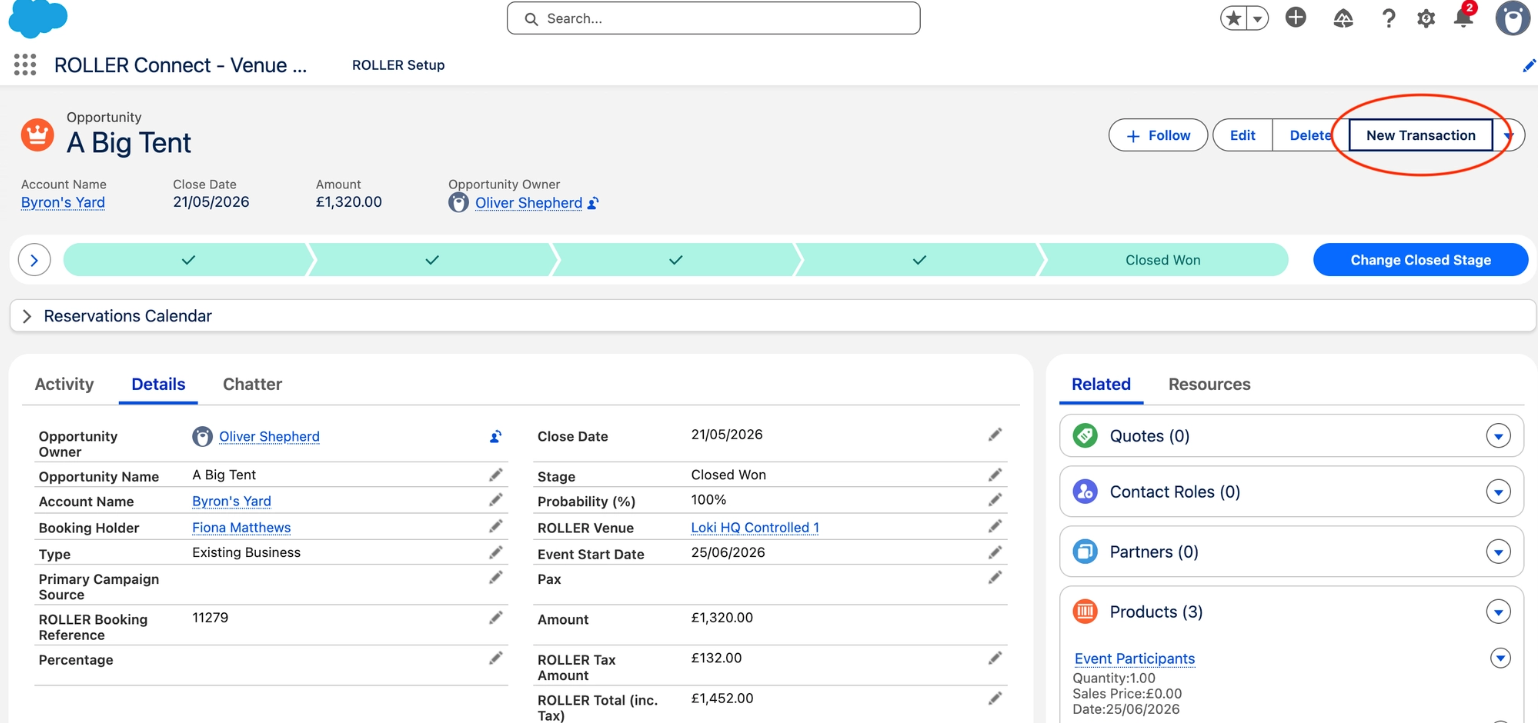 Opportunity details for 'A Big Tent' including account and transaction information.