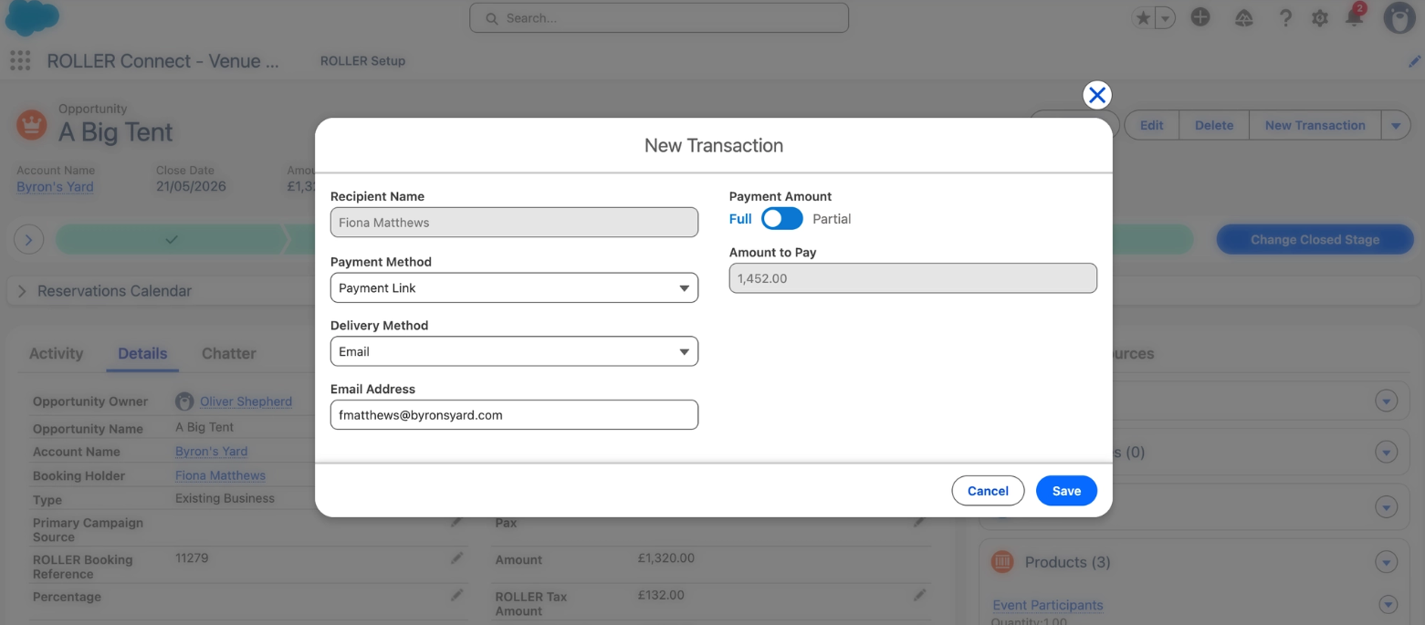 New transaction form showing recipient details, payment method, and amount to pay.