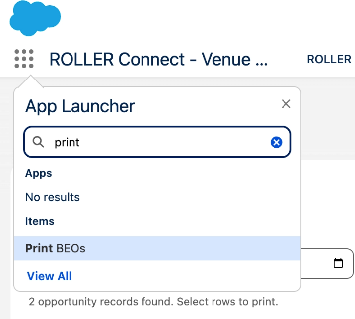 App Launcher interface showing search results for printing BEOs in ROller Connect.