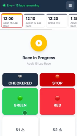 Live race status showing current lap, race type, and control buttons.