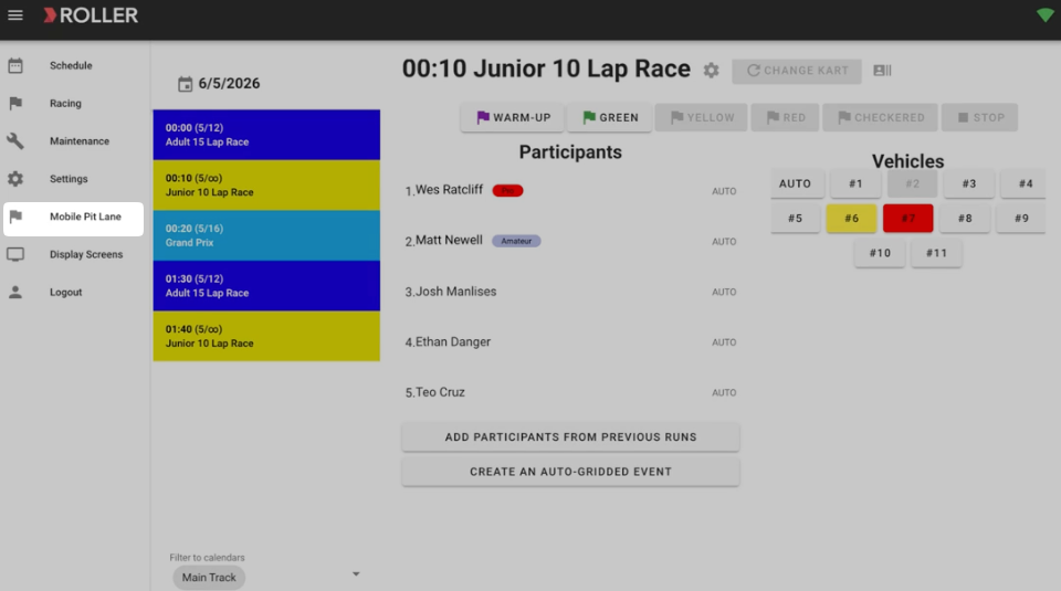 Participants and vehicles listed for the Junior 10 Lap Race event schedule.