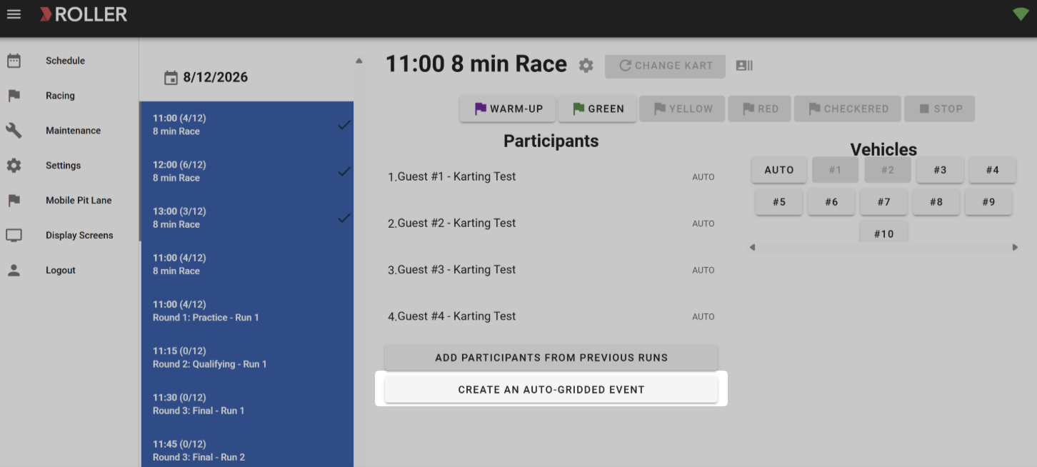 Schedule for karting races with participants and vehicle assignments displayed on screen.