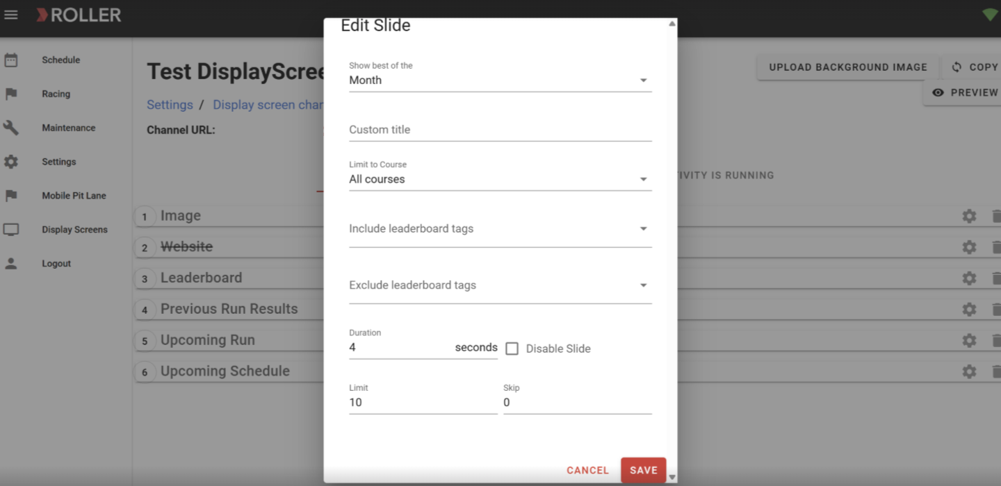 Settings menu for display screen configuration with options for courses and leaderboard.
