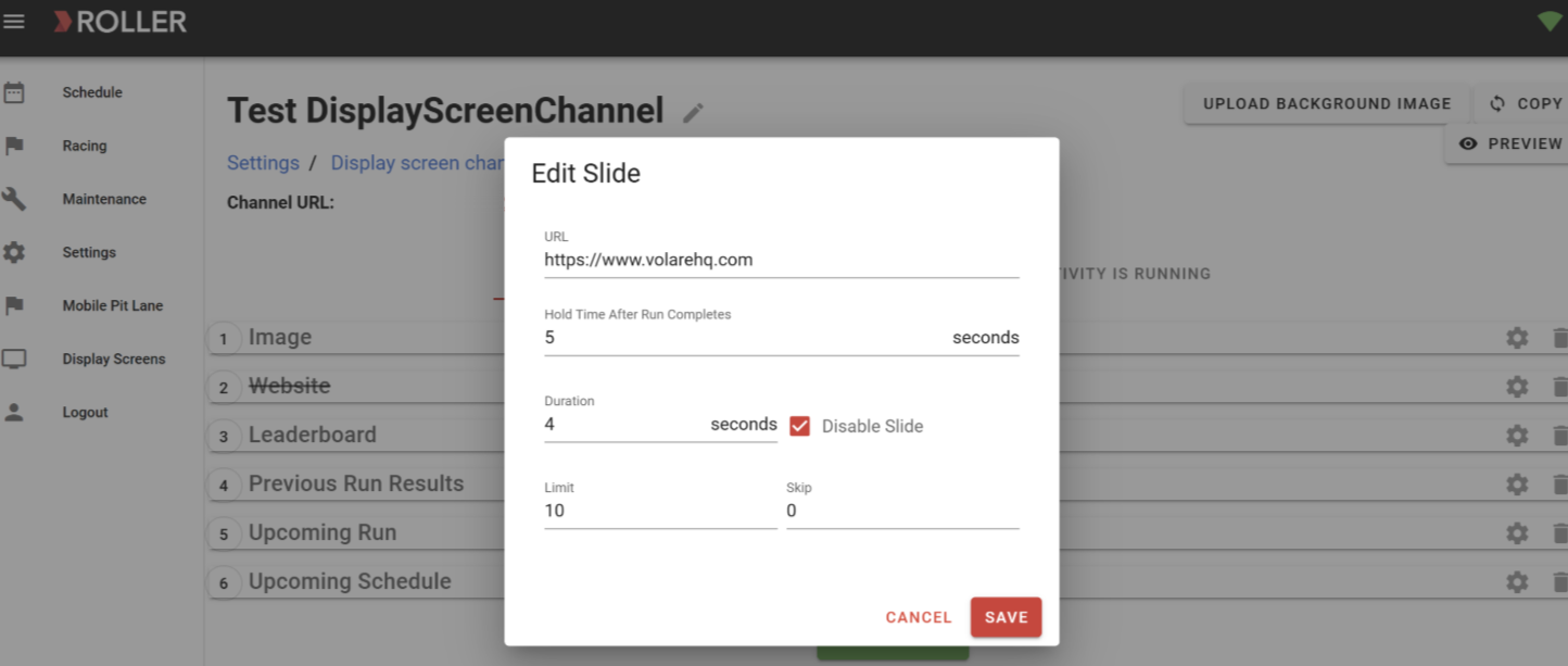 Editing slide settings for a display screen channel with various options available.
