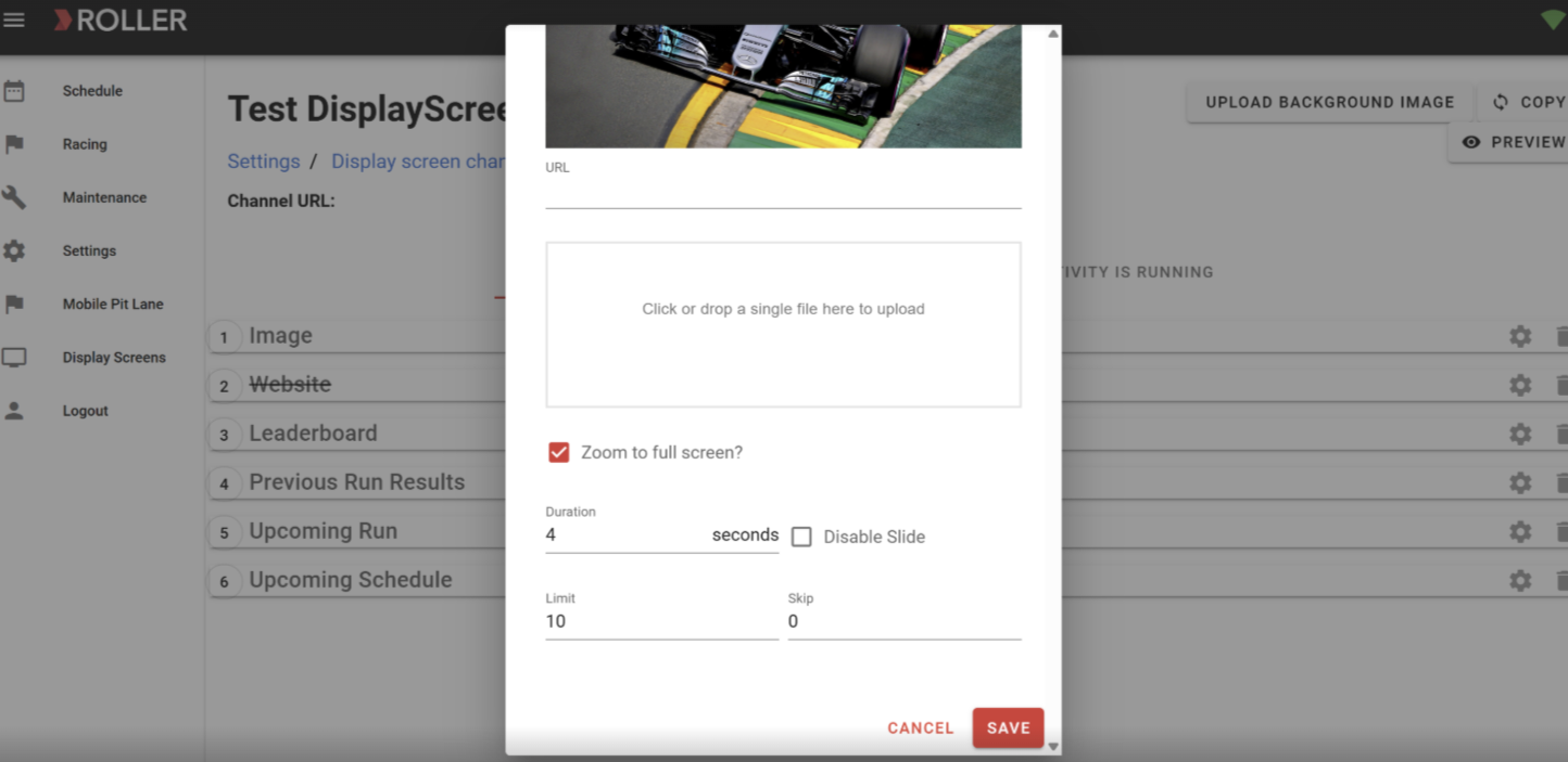 Settings interface for display screen configuration with options for uploading images and URLs.