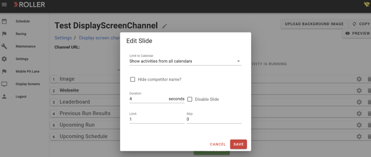 Editing slide settings for a display screen channel with various options available.